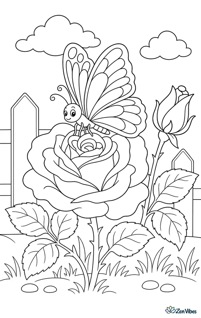 A butterfly resting on an open rose with leaves and a second bud