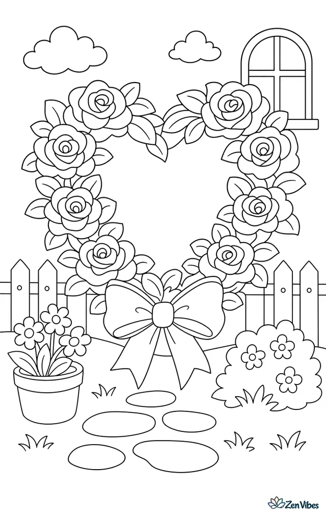 A heart-shaped wreath made of roses and leaves with a ribbon