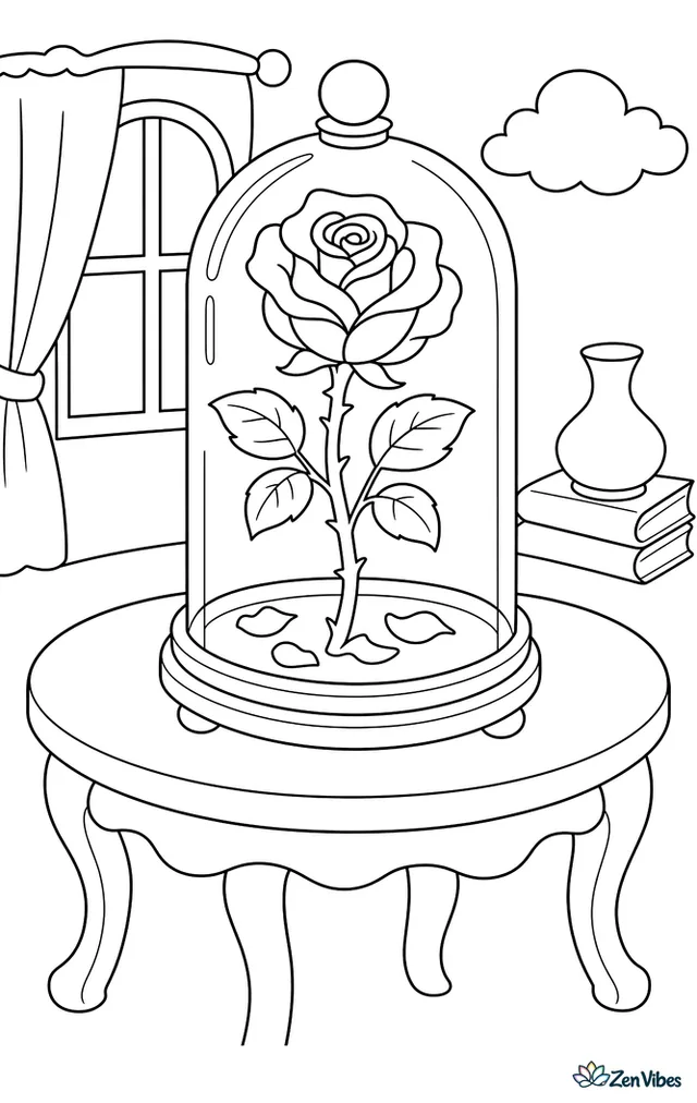 A single rose standing under a glass dome on a small table