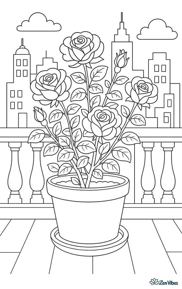 A potted rose bush on a balcony railing with a city skyline behind