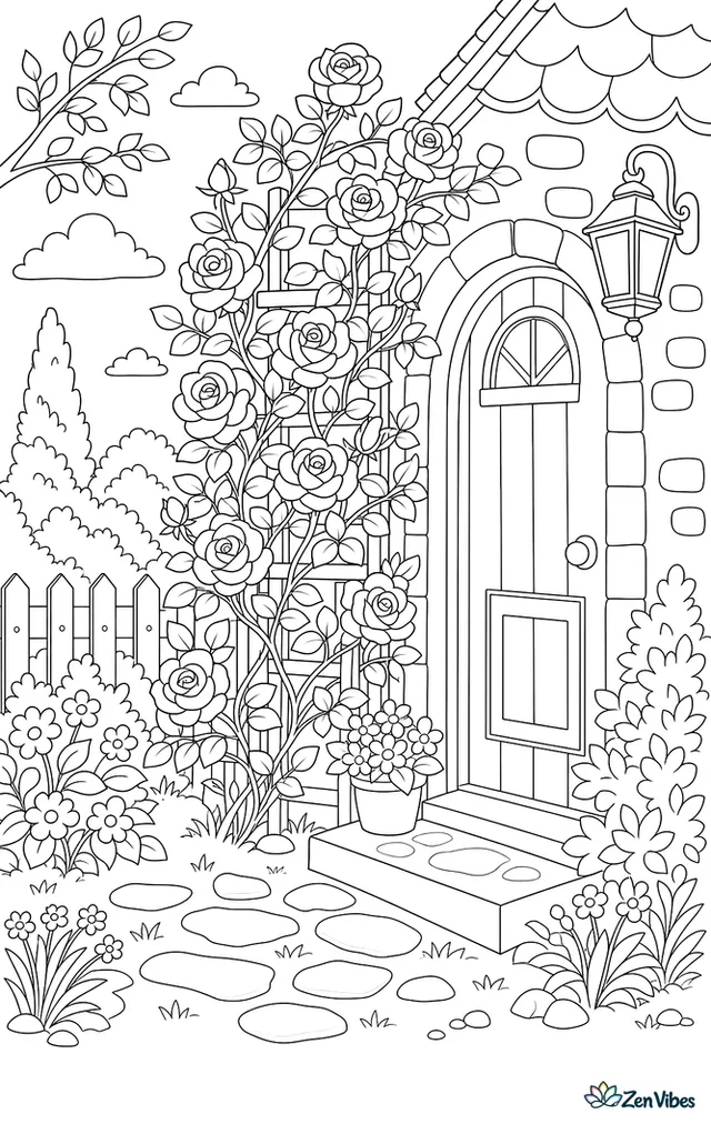 Climbing roses on a trellis beside a cottage door with a lantern