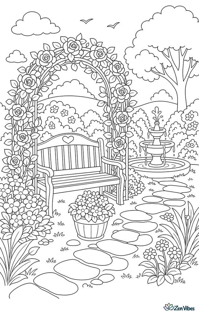 A bench under an arch of roses with a path and a small fountain