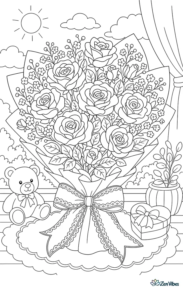 A bouquet of roses mixed with sprays of tiny flowers tied with lace