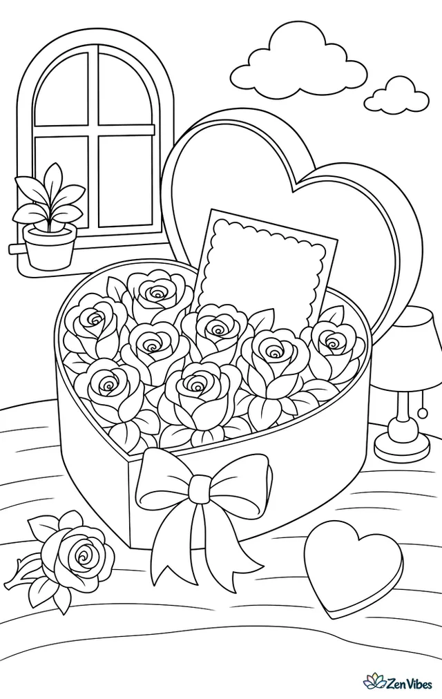 An open heart-shaped box filled with rose heads and a card