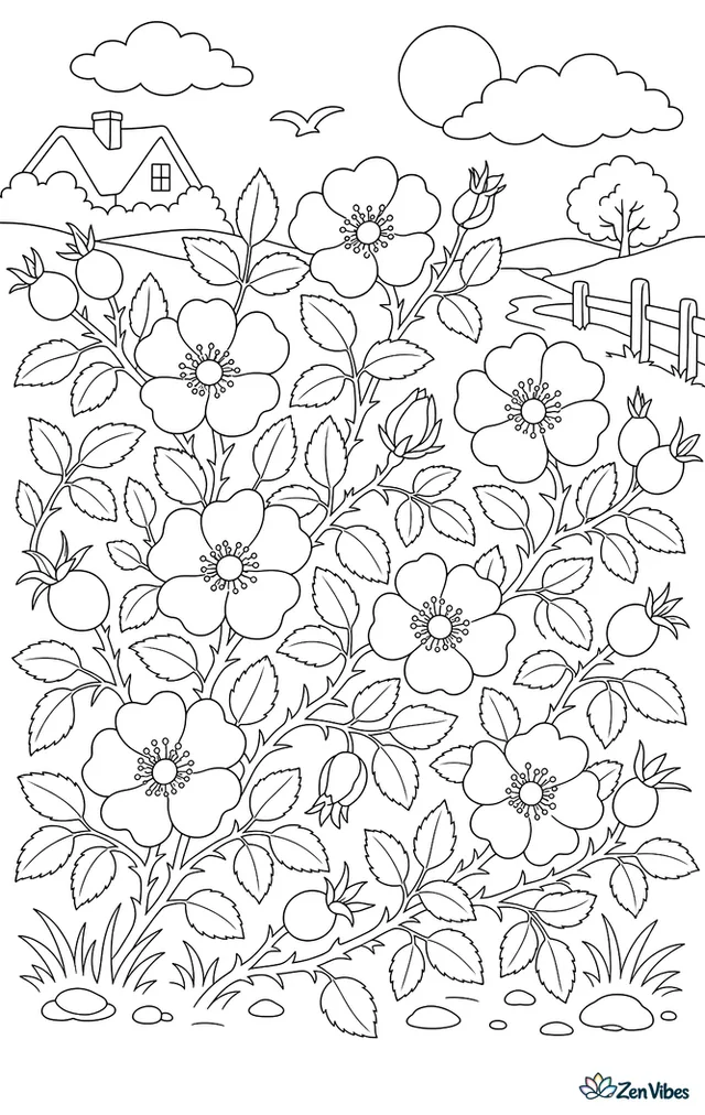 A hedge of simple five-petal wild roses with round rose hips and thorny stems