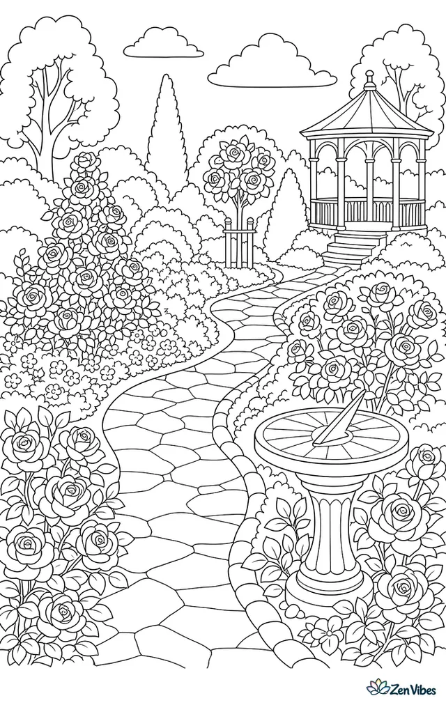A winding path between rose beds of different bush shapes with a sundial