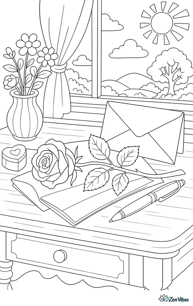 A rose lying across a folded letter with an envelope and a pen on a desk