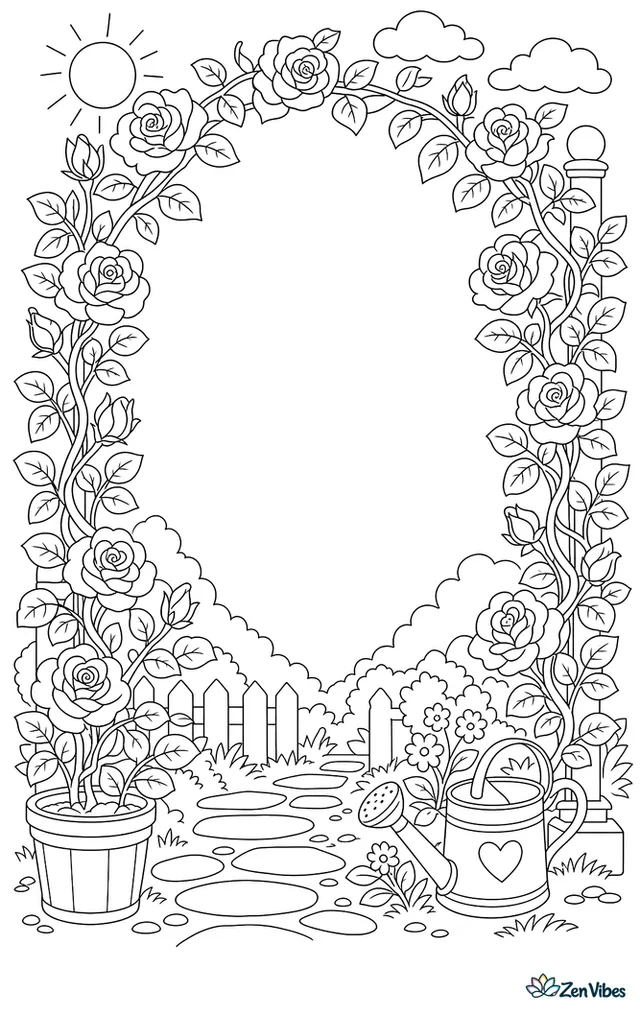 A page framed by a border of climbing rose vines with an empty center for writing