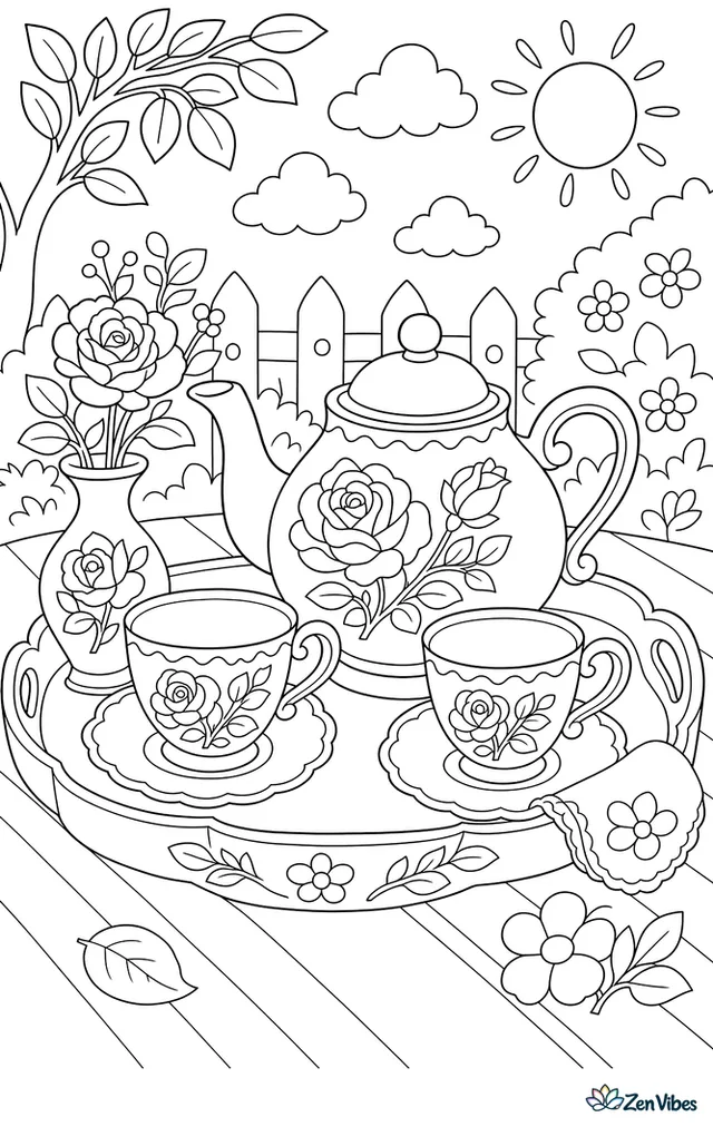 A teapot and two cups painted with roses on a tray with a small vase