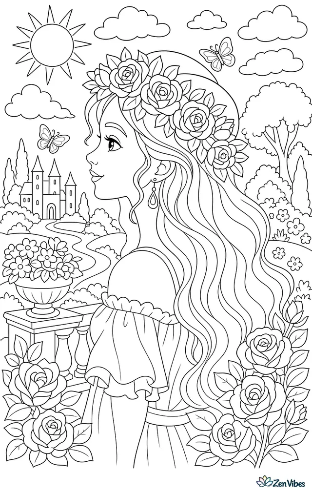 A girl's face in profile wearing a crown of roses with flowing hair