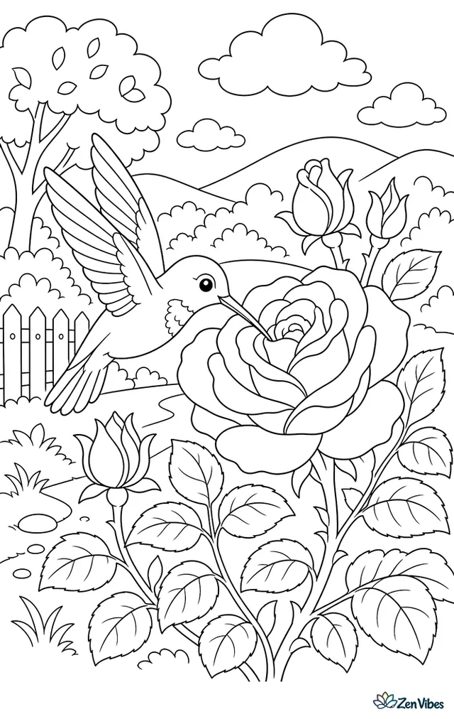 A hummingbird hovering at an open rose with buds and leaves around