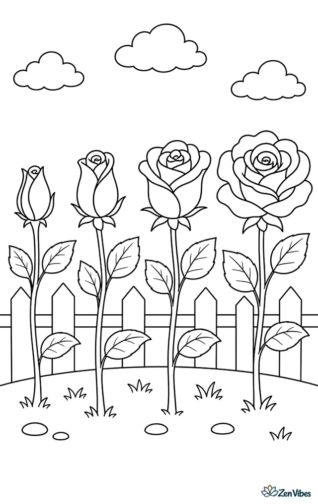 Four roses side by side from a tight bud to a fully open bloom