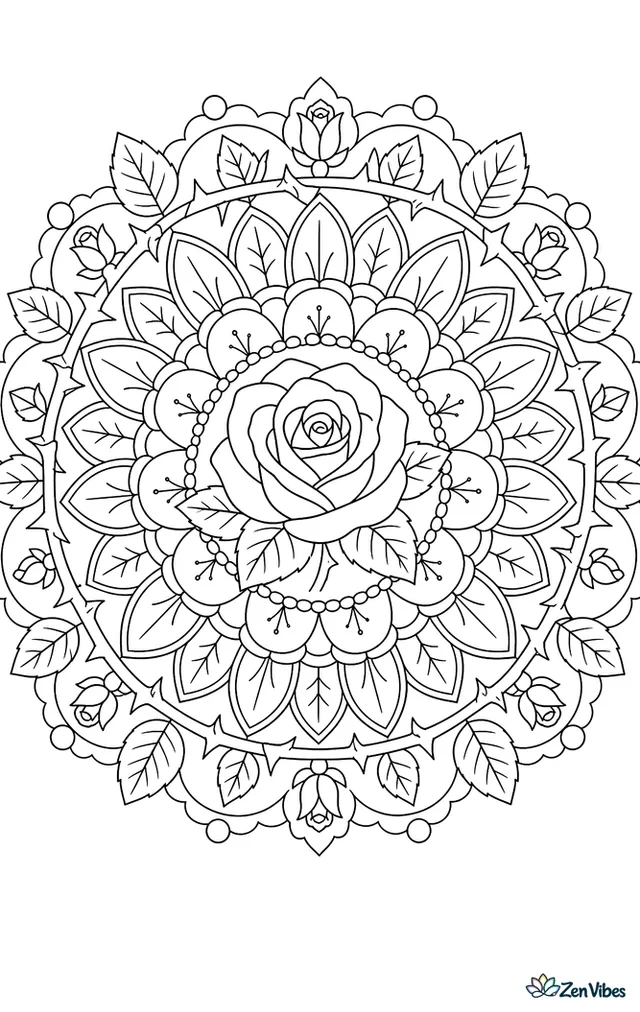 A round mandala with a rose in the center and rings of petals, leaves, and thorns