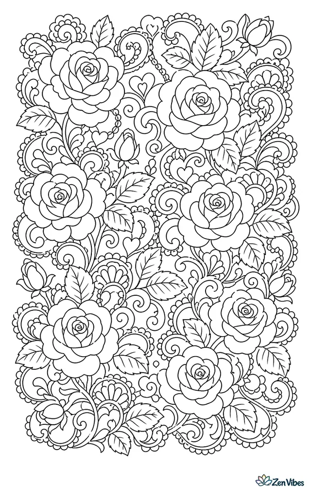 An all-over pattern of roses, leaves, and lace-like loops filling the page