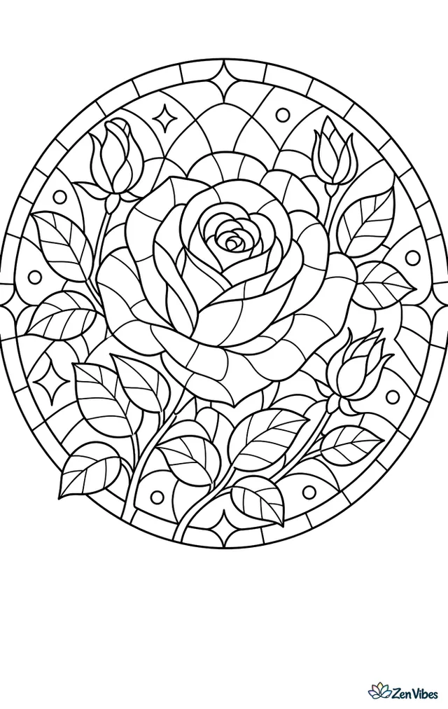 A circular stained-glass style design with a large rose split into glass-like sections