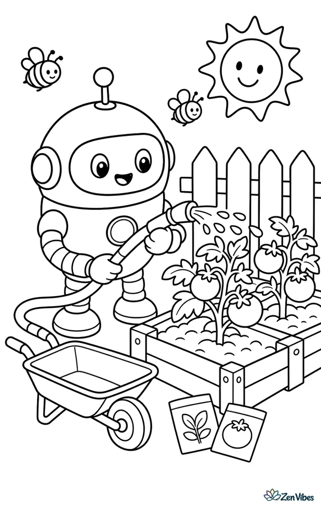 A round garden robot waters tomato plants with a small hose beside raised beds, buzzing bees, a wheelbarrow, seed packets, and a wooden fence under a sunny sky.