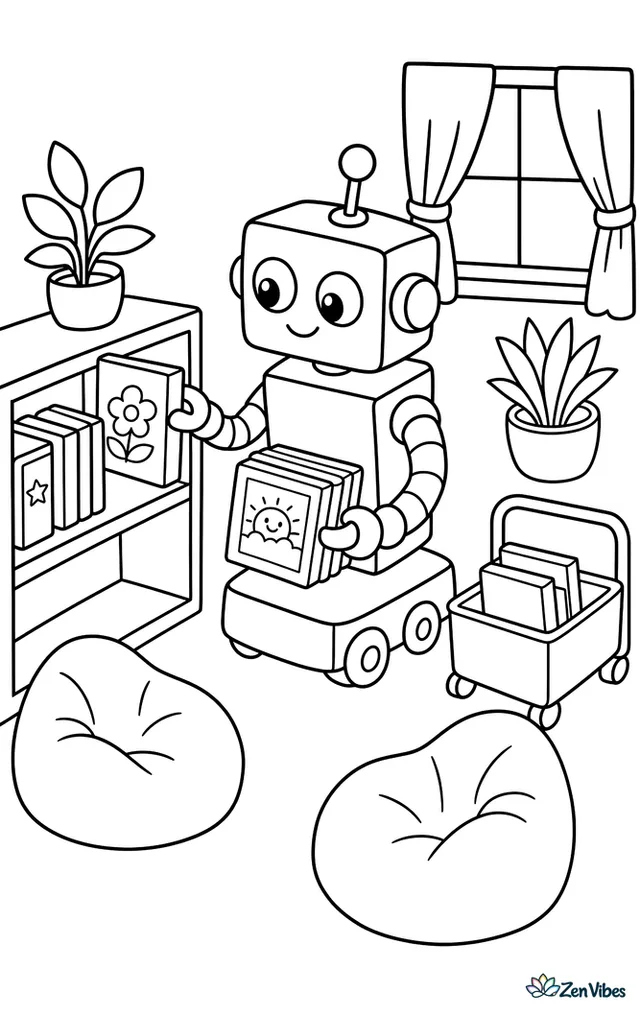 A boxy library robot rolls along low bookshelves, placing picture books in order near beanbag chairs, a return cart, potted plants, and large windows with simple curtains.