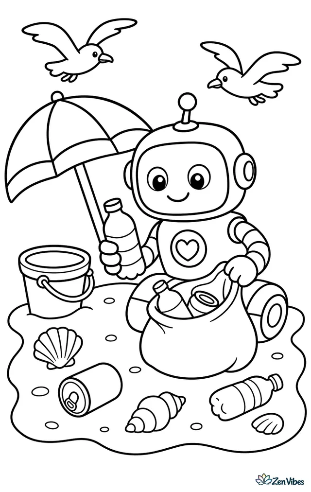 A friendly cleanup robot picks up bottles and cans on a sandy beach, with a striped umbrella, seashells, a bucket, gentle waves, and two circling seagulls nearby.