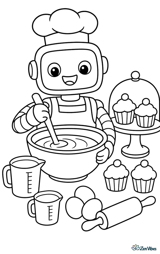 A cheerful bakery robot stirs cake batter in a big bowl on a counter, surrounded by measuring cups, eggs, cupcakes, a rolling pin, and a display window.