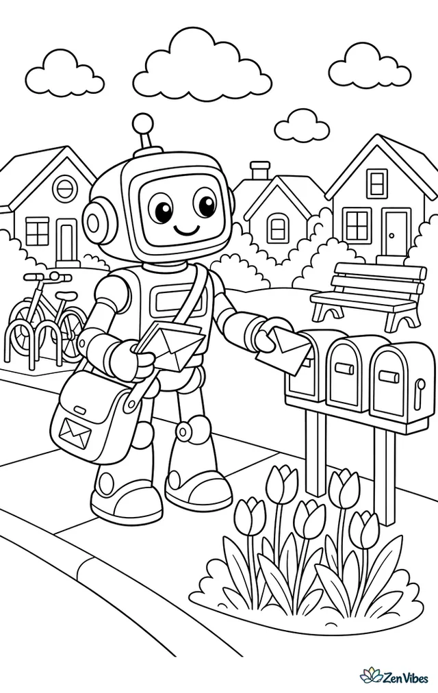 A sturdy mail robot delivers envelopes to a row of mailboxes along a sidewalk, with tulips, a bicycle rack, a bench, and fluffy clouds above small houses.