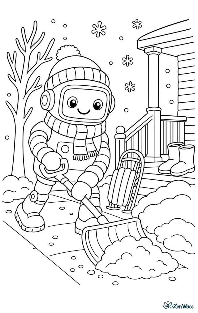 A bundled snow-clearing robot pushes a shovel along a front path, making neat piles beside a porch, with bare trees, a sled, boots, and falling snowflakes.