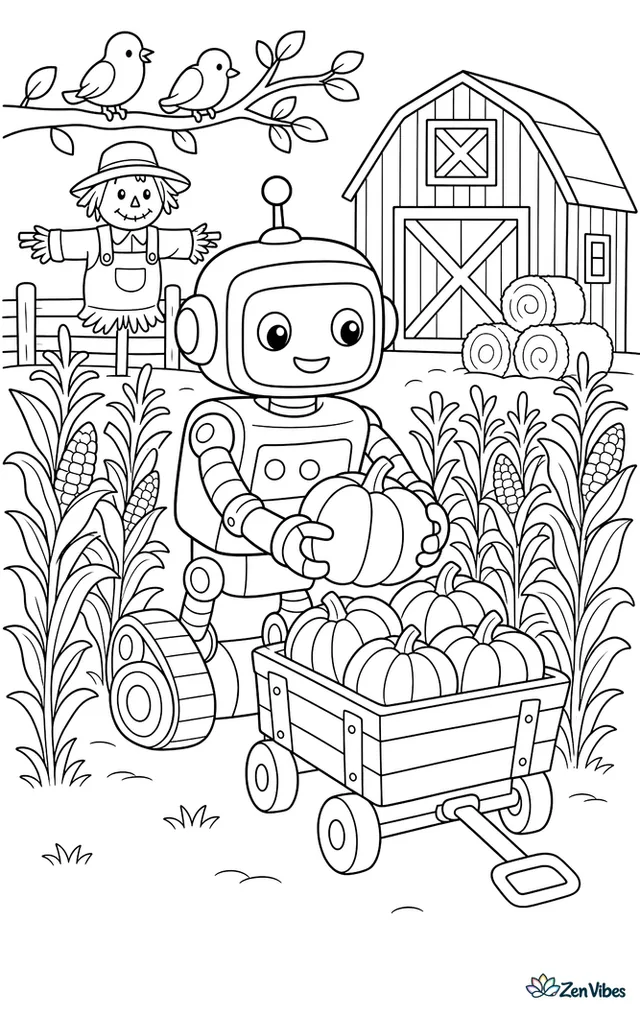 A harvest robot gathers bright pumpkins into a wagon between corn rows, with a red barn, scarecrow, hay bales, a fence, and birds perched overhead.