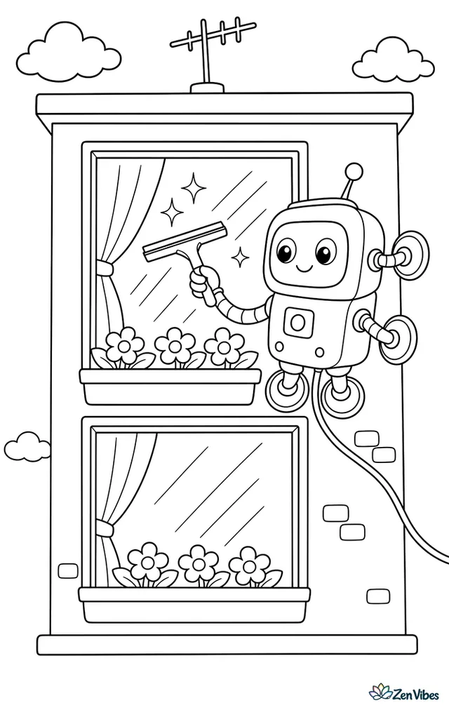 A suction-cup robot cleans tall apartment windows with a squeegee, leaving shiny panels beside flower boxes, curtains, a rooftop antenna, and a few drifting clouds.