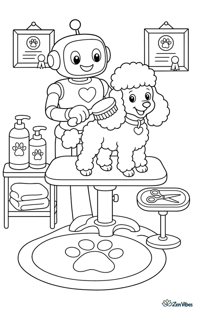 A salon robot brushes a fluffy poodle on a grooming table, with shampoo bottles, a towel stack, a paw-print rug, scissors on a tray, and framed certificates.