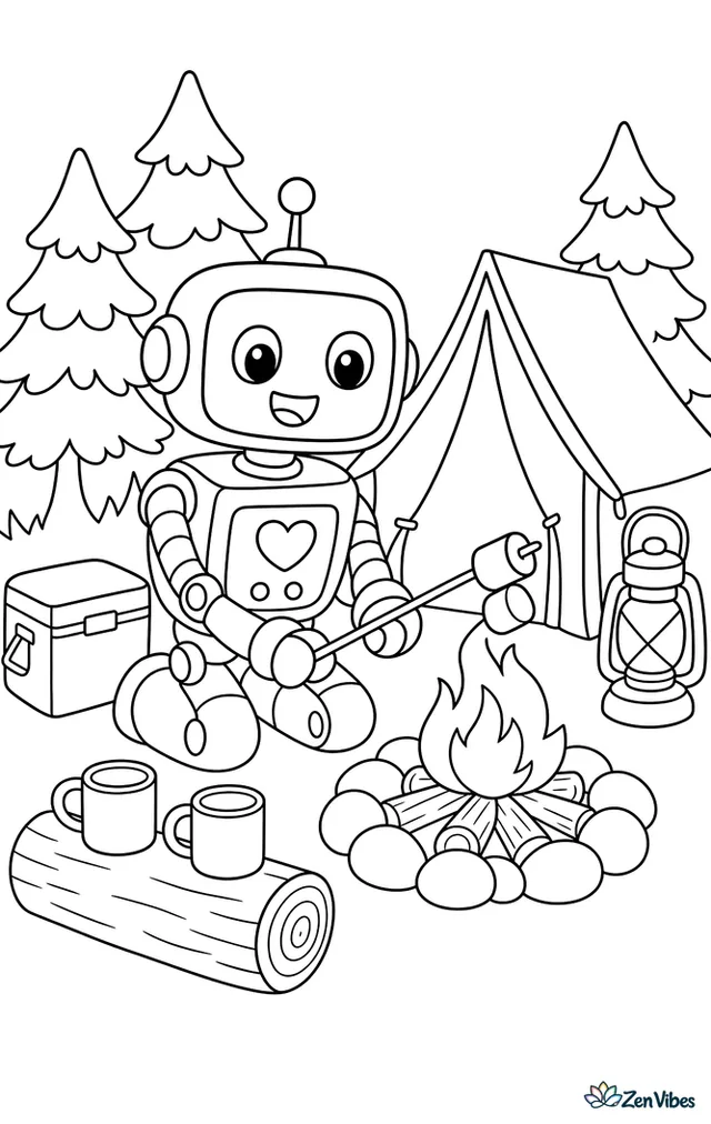A camping robot toasts marshmallows over a small campfire ring, beside a tent, lantern, cooler, pine trees, and a log with mugs waiting nearby.