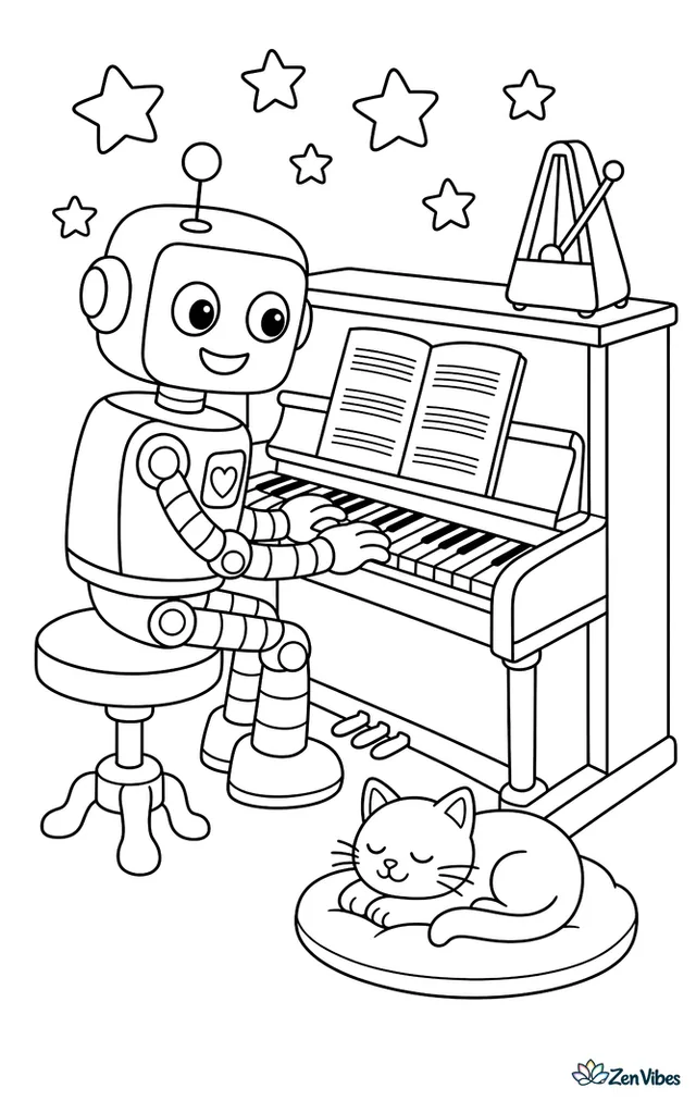 A practice robot plays an upright piano in a cozy room, with sheet music, a metronome, a stool, wall stars, and a sleeping cat on a cushion.