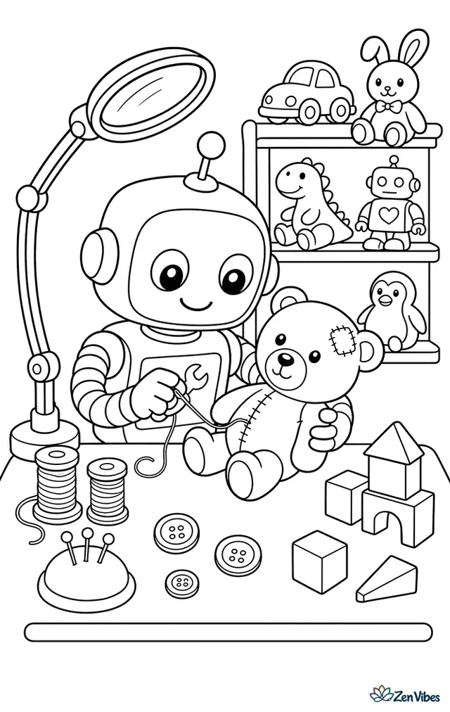 A workshop robot fixes a teddy bear at a workbench, surrounded by thread spools, buttons, toy blocks, a magnifying lamp, and shelves of repaired playthings.