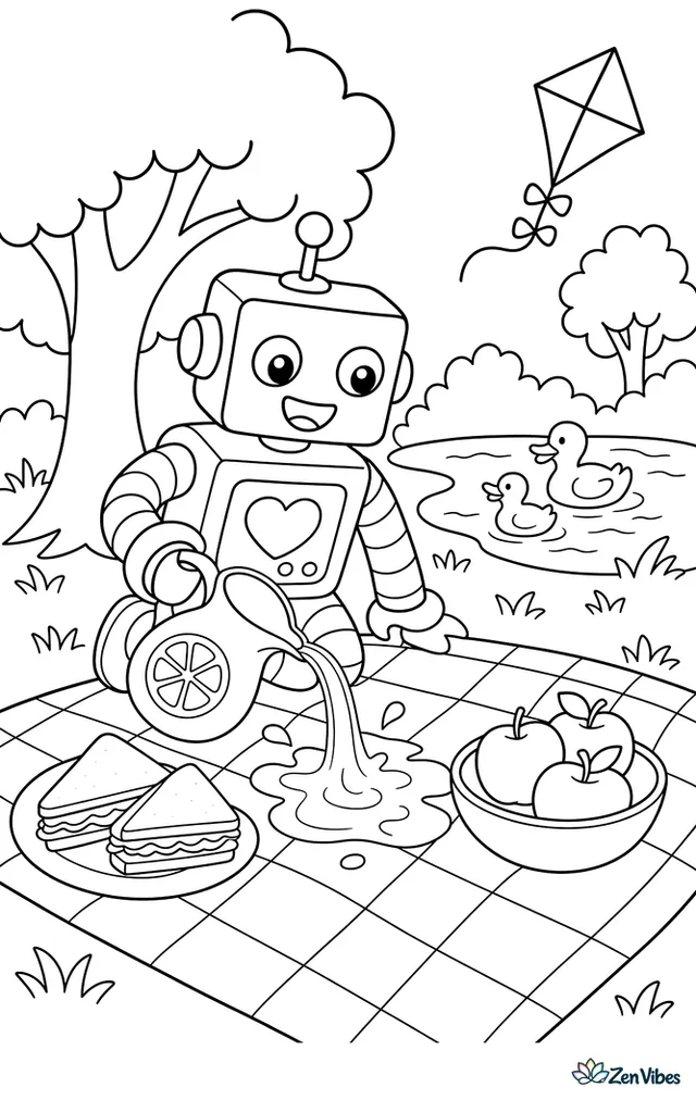 A picnic robot pours lemonade onto a blanket in a park, with sandwiches, apples, a kite, ducks on a pond, and trees shading the grass.