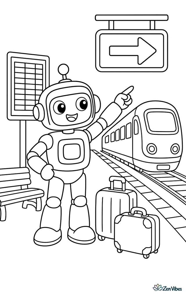 A station robot helps travelers by pointing toward a platform sign, with suitcases, benches, a timetable board, striped safety lines, and a train waiting nearby.