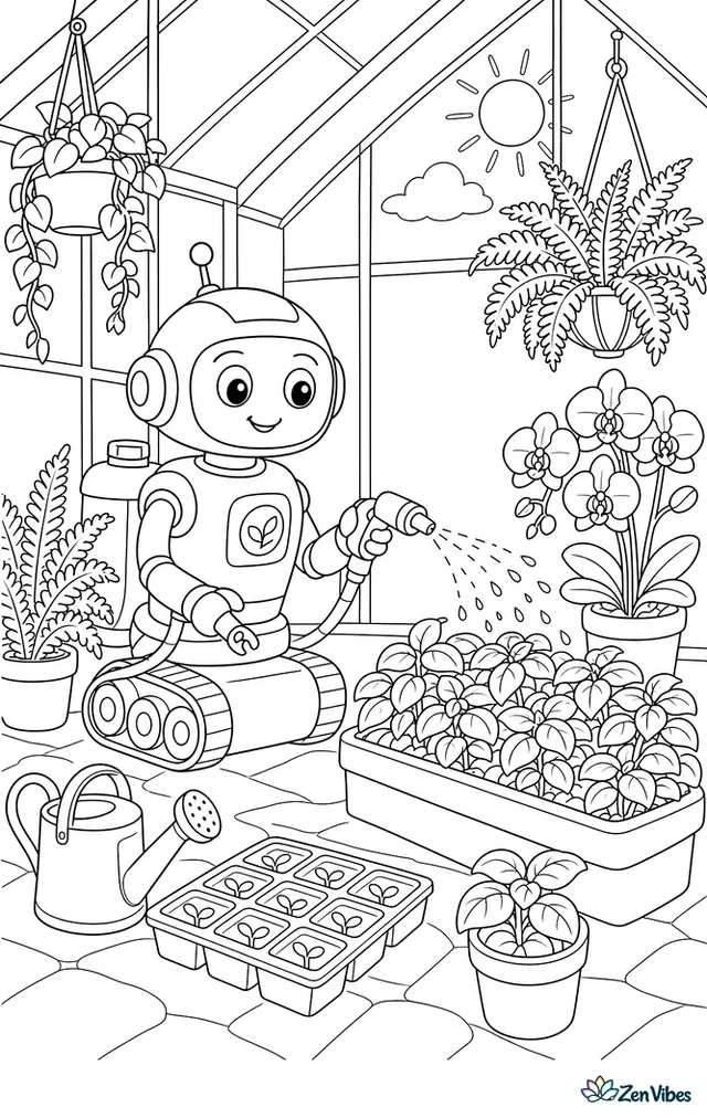 A greenhouse robot mists rows of basil, ferns, and orchids inside glass walls, with hanging pots, a watering can, seed trays, and sunlight through roof panes.