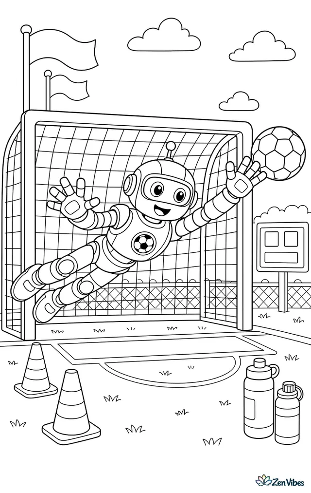 A sporty robot dives to block a soccer ball in front of a net, with cones, a scoreboard, cheering flags, water bottles, and painted field lines.