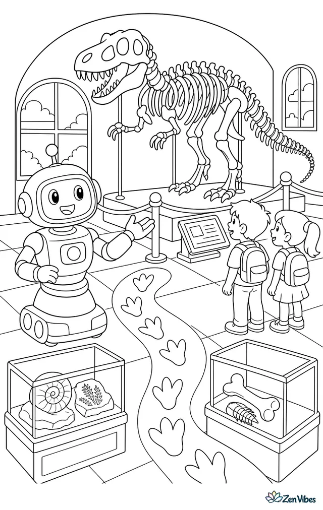 A guide robot gestures toward a dinosaur skeleton exhibit, with display cases, ropes, fossils, polished floors, informational signs, and visitors' footprints marked on the path.