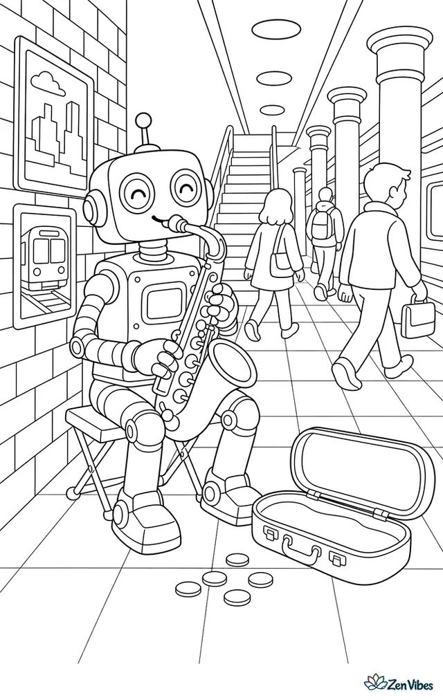 A musician robot plays a saxophone in a subway corridor, with an open case, tiled walls, posters, stairs, platform lights, and commuters walking past columns.