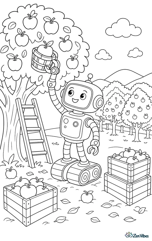 A fruit-picking robot reaches into an apple tree with a basket arm, beside ladders, wooden crates, fallen leaves, distant hills, and rows of orchard trees.