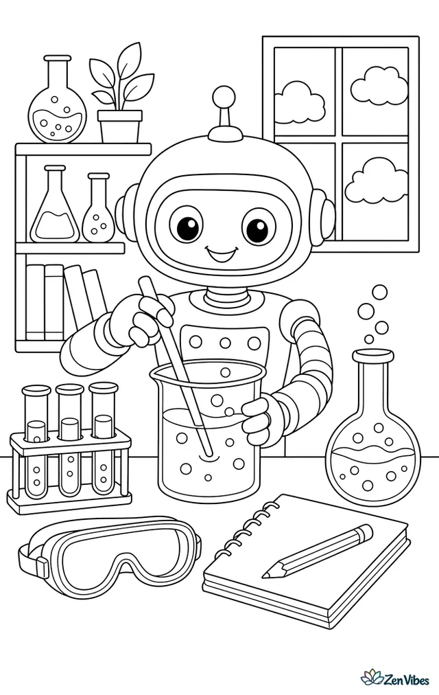 A lab robot mixes colorful liquids in beakers at a science table, with test tubes, goggles, notebooks, bubbling flasks, shelves, and a window showing clouds.