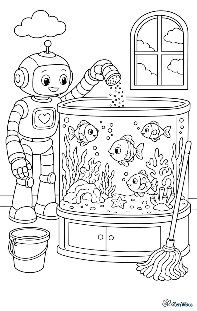 A caretaker robot sprinkles fish food into a large aquarium tank, with coral decorations, seaweed, bubbles, a bucket, a mop, and curious fish swimming around.
