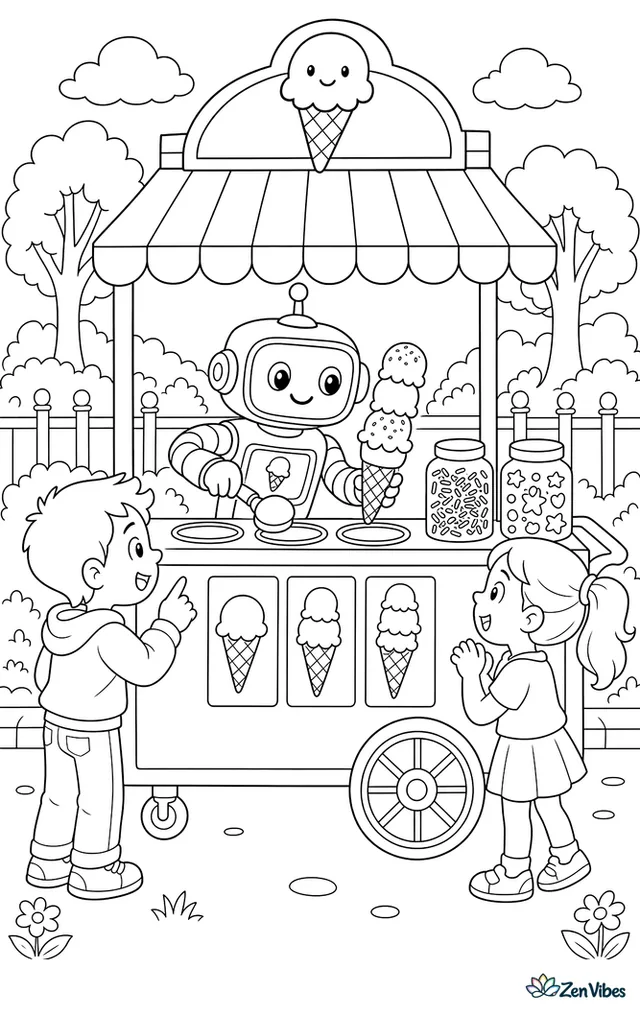 An ice-cream robot stacks scoops onto waffle cones at a street cart, with menu signs, sprinkles jars, a striped awning, park trees, and customers' shoes visible.