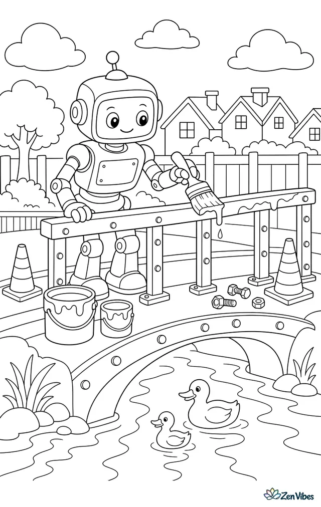 A maintenance robot paints a small steel bridge railing, with paint buckets, caution cones, a river below, ducks, bolts, and clouds over distant rooftops.