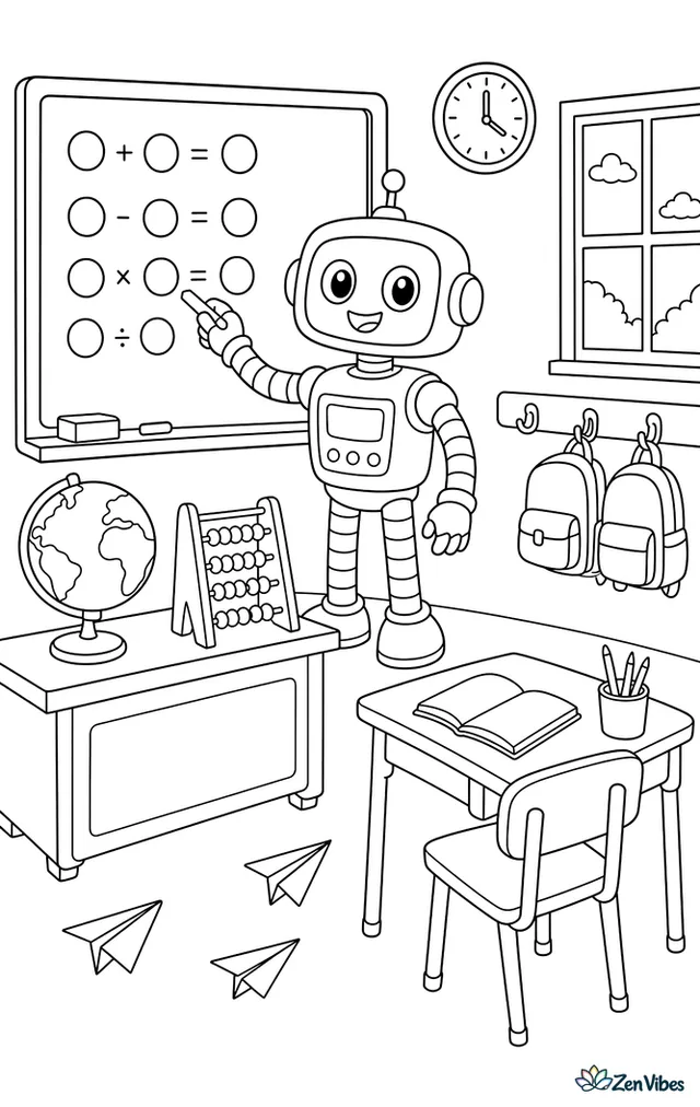 A classroom robot writes math problems on a chalkboard, with desks, pencils, an abacus, a globe, backpacks on hooks, and paper airplanes on the floor.