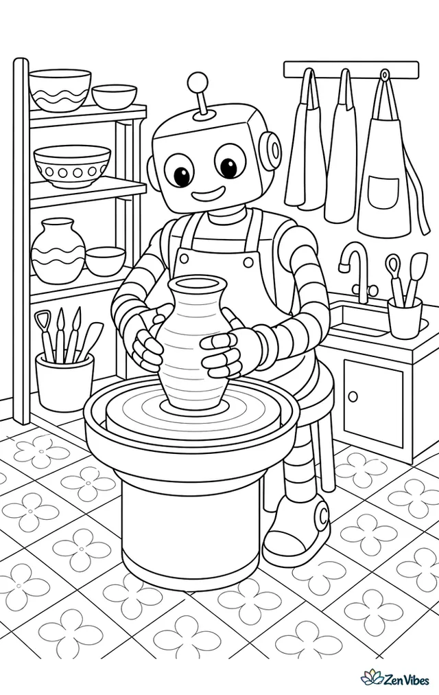 A pottery robot shapes a clay vase on a spinning wheel, surrounded by shelves of bowls, carving tools, aprons, a sink, and patterned floor tiles.