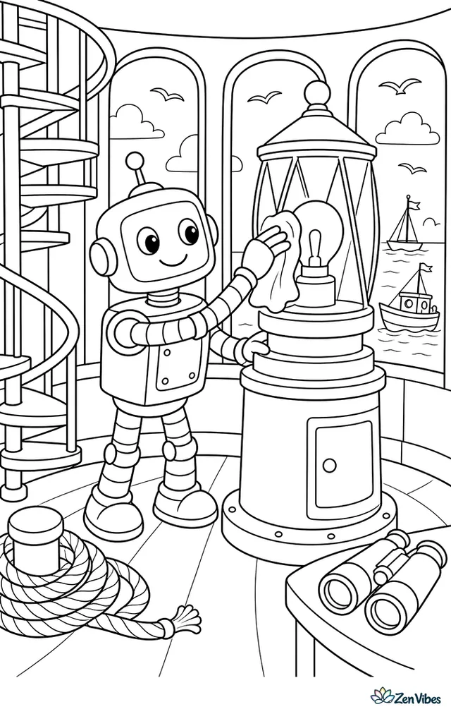 A harbor robot polishes the lamp inside a lighthouse room, with spiral stairs, windows, ropes, binoculars, seabirds outside, and boats bobbing in the water.