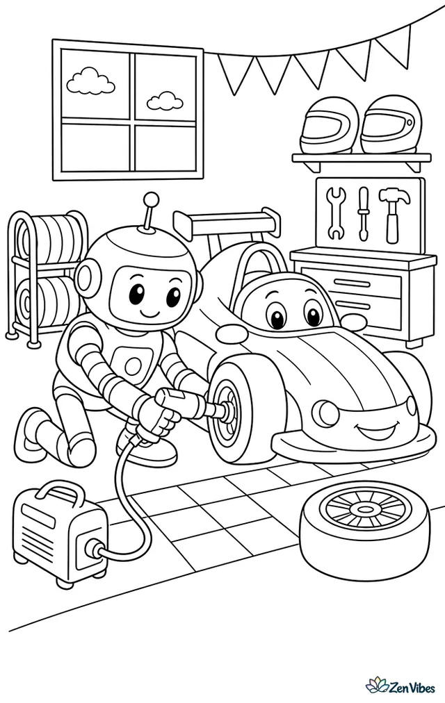 A pit crew robot changes a tire on a small race car in the garage, with tool cabinets, spare wheels, pennants, helmets, and checkered floor markings.