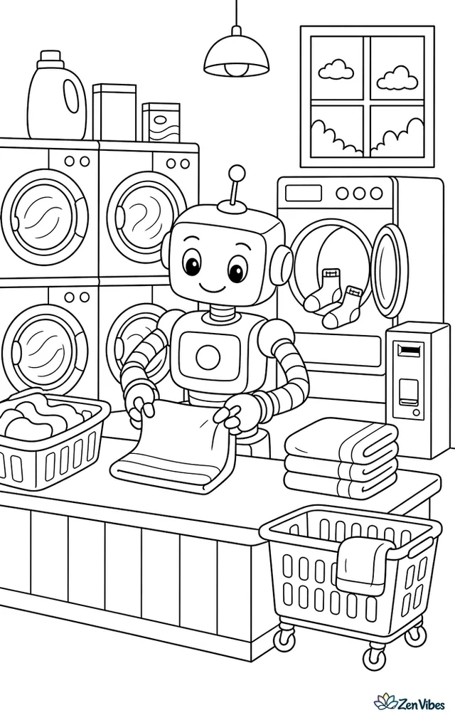 A laundromat robot folds warm towels at a counter, with spinning washers, detergent boxes, rolling baskets, a change machine, and socks peeking from an open dryer.