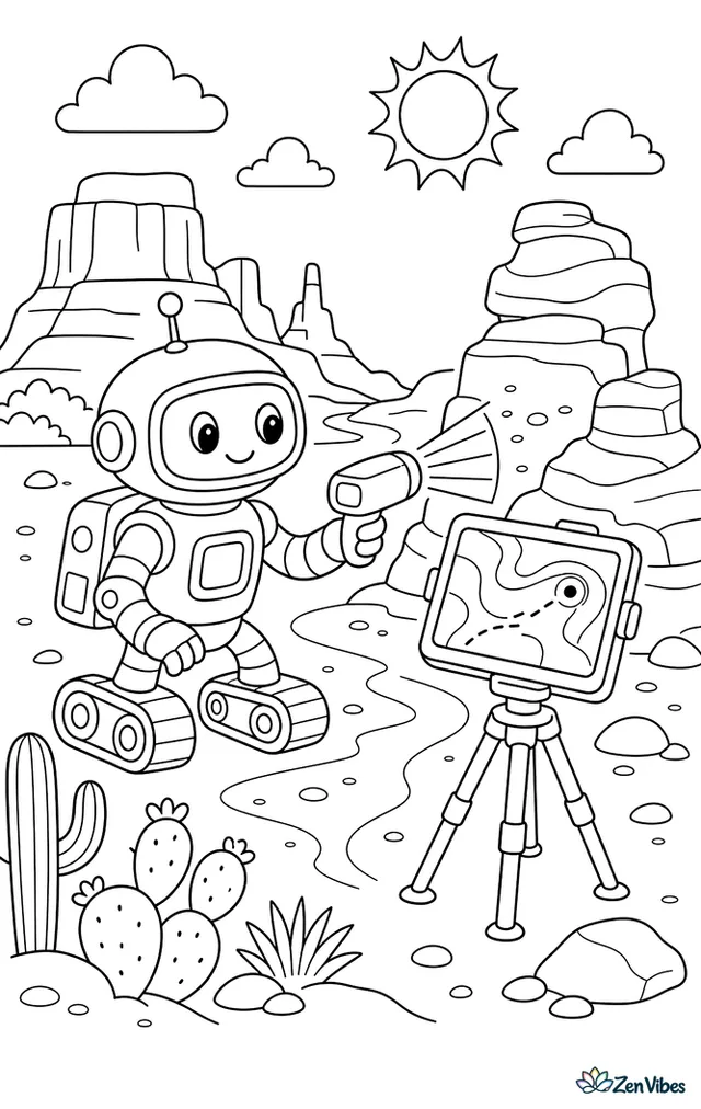 An exploration robot scans rock formations in a desert, with a tripod, map screen, cacti, layered mesas, pebbles, and a winding trail under the sun.