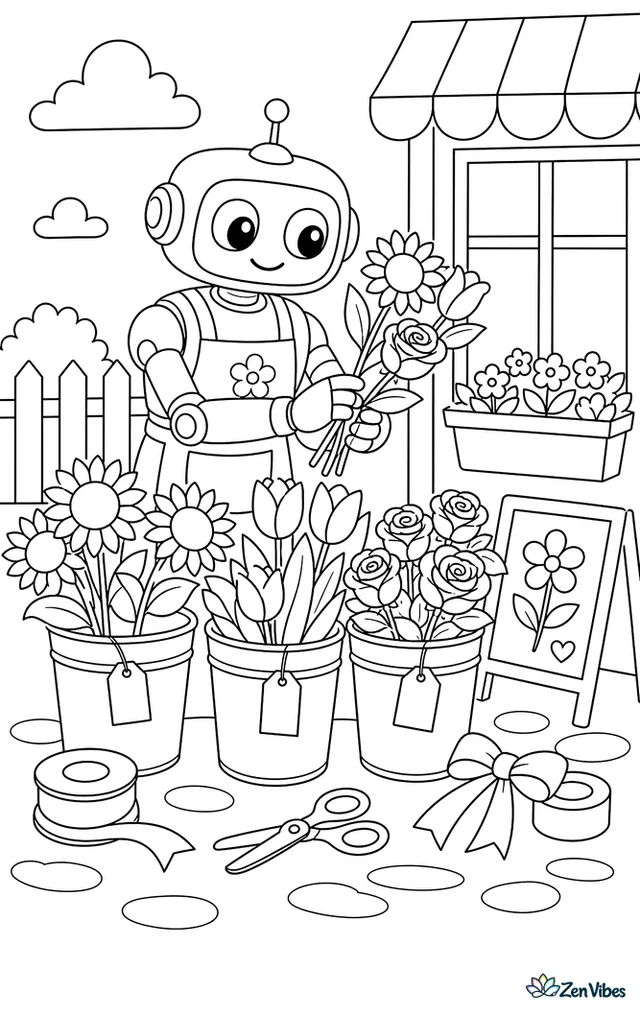 A florist robot arranges sunflowers, tulips, and roses in a bucket display, with ribbons, scissors, price tags, window boxes, and a chalkboard sign outside.