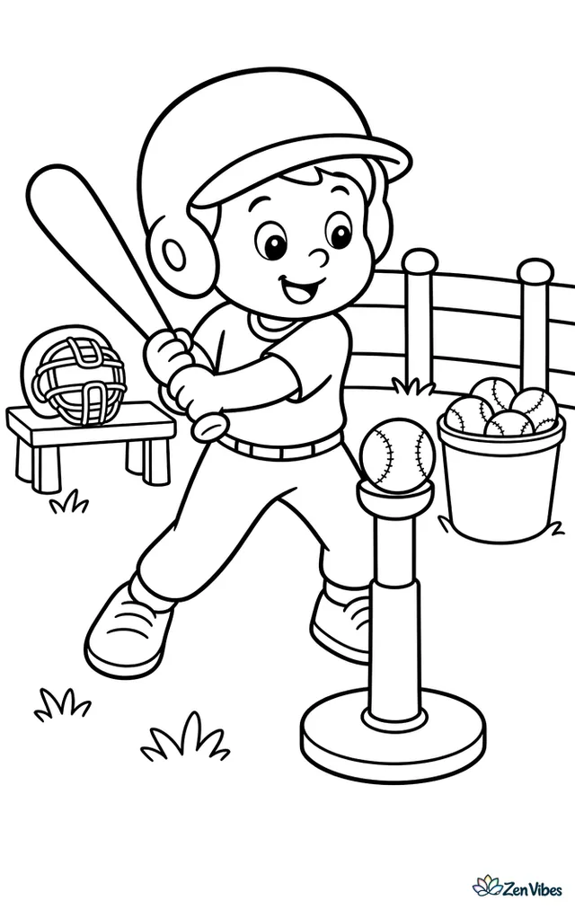 A tee-ball player swings at a ball resting on a batting tee in a grassy practice field, with a catcher’s mask on the bench, a bucket of balls, and a low outfield fence nearby.